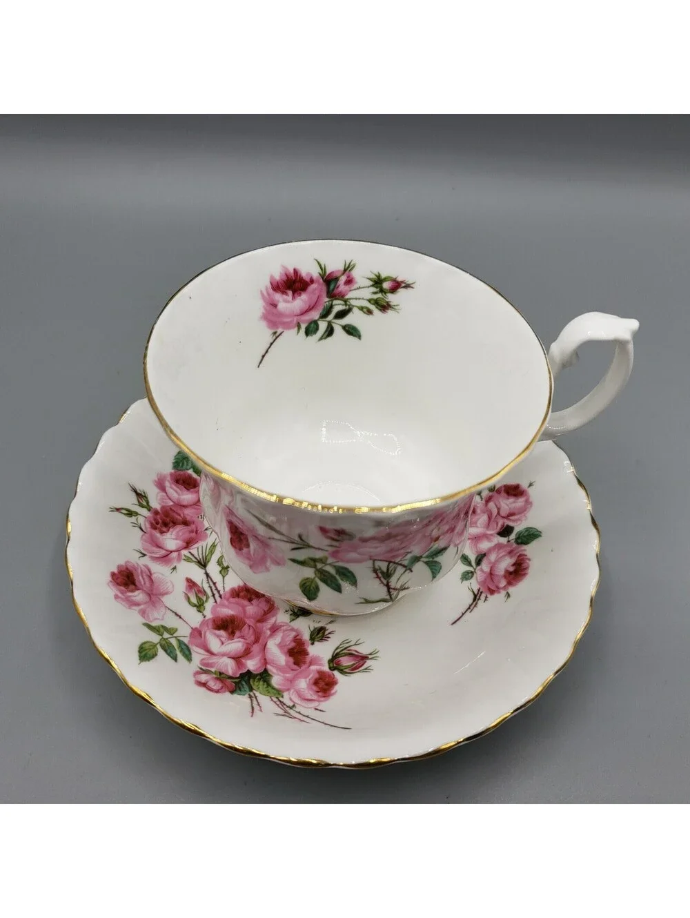VTG Royal Albert Teacup & Saucer Pink Cabbage Roses Bone China England Gold